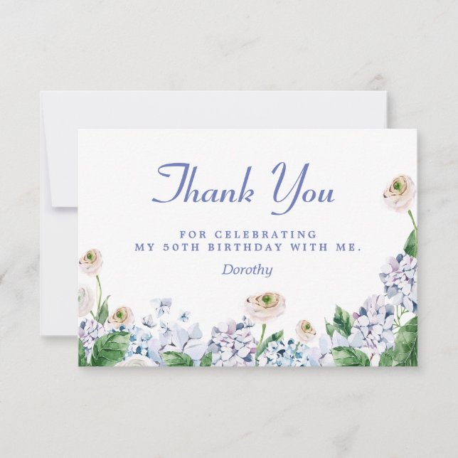 Blue Hydrangea White Rose 50th Birthday Thank You Card (Front)