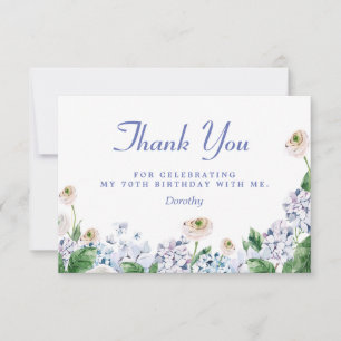 Blue Hydrangea White Rose 70th Birthday Thank You Card