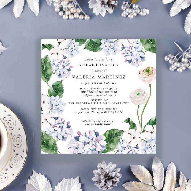 Blue Hydrangea White Rose Bridal Luncheon Square Invitation (Creator Uploaded)