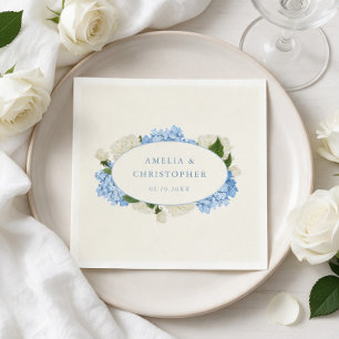 Blue Hydrangea White Rose Classic Wedding Napkin
