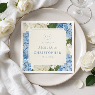 Blue Hydrangea White Rose Classic Wedding Napkin
