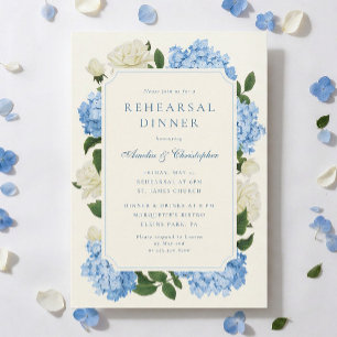 Blue Hydrangea & White Rose Rehearsal Dinner Invitation