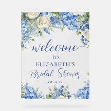 Blue Hydrangea White Roses Floral Script Welcome