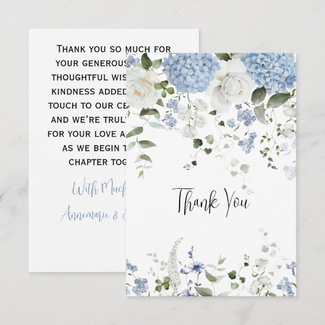 Blue Hydrangea White Roses Wedding Thank You (Front/Back)