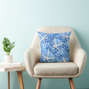 Blue Hydrangea White Starfish Coastal Pillow