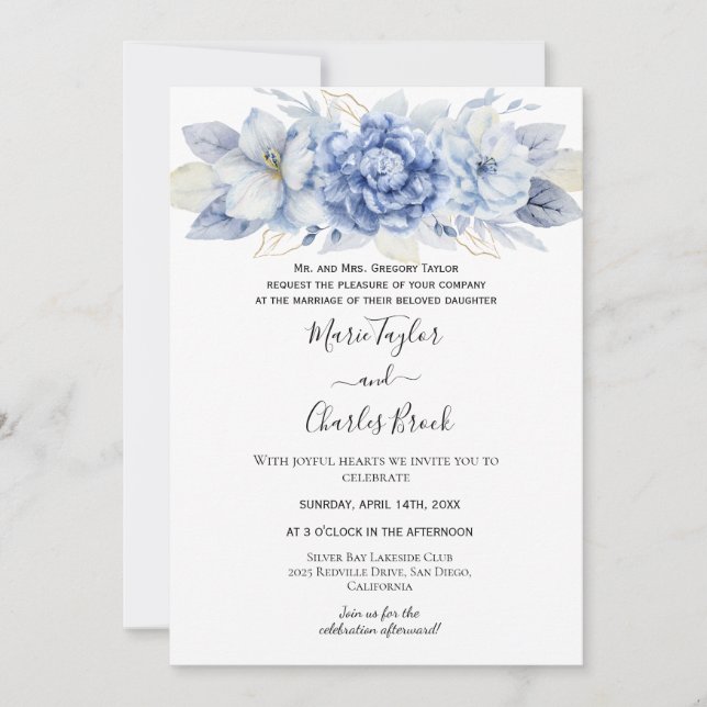 Blue Hydrangea White Wedding Invitation (Front)