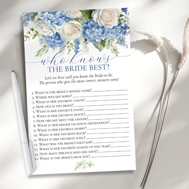 Blue Hydrangea Who Knows Bride Best Shower Game Flyer (Creator Uploaded)