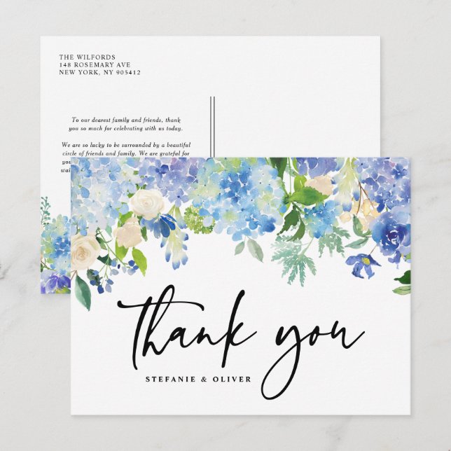 Blue Hydrangea Winter Floral Wedding Thank You Postcard (Front/Back)