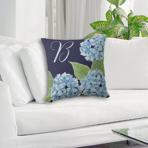 Blue Hydrangea with Initial on Navy Background Cushion