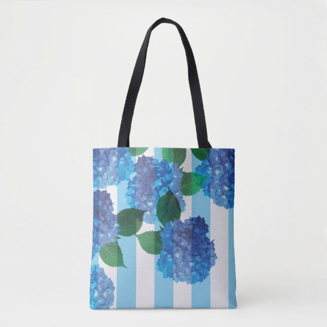 Blue Hydrangea with Stripes Tote Bag (Front)