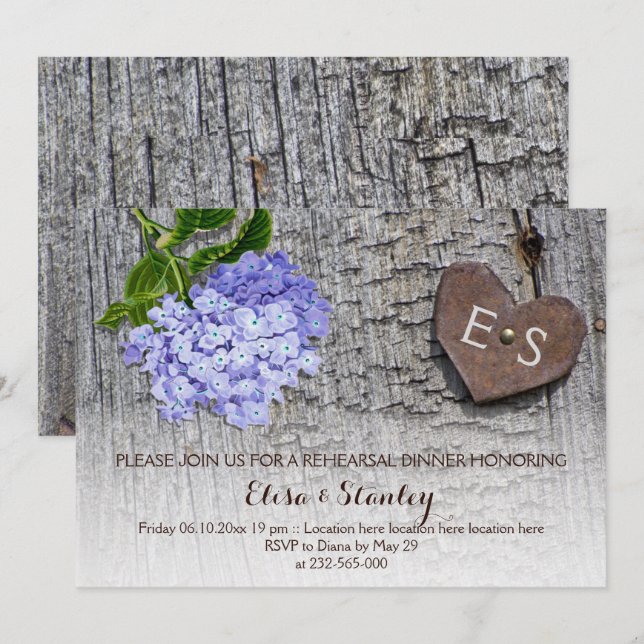 Blue hydrangea wood heart rehearsal dinner wedding invitation (Front/Back)