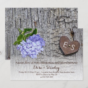 Blue hydrangea wood heart rehearsal dinner wedding invitation