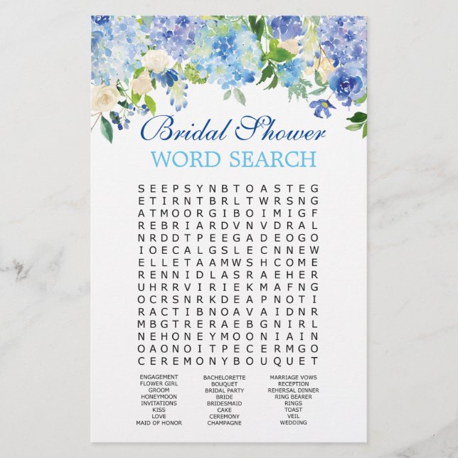 Blue Hydrangea Word Search Bridal Shower Game (Front)