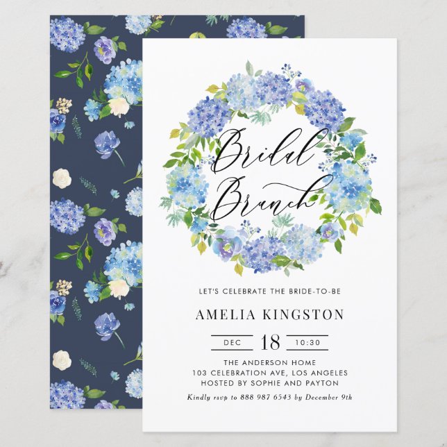 Blue Hydrangea Wreath Bridal Brunch Invitation (Front/Back)