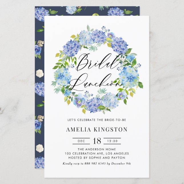 Blue Hydrangea Wreath Bridal Luncheon Invitation (Front/Back)
