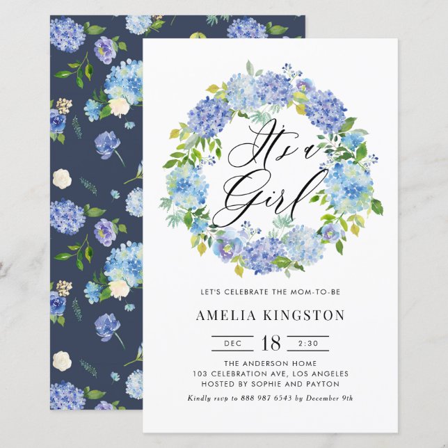 Blue Hydrangea Wreath It's a Girl Invitation (Front/Back)