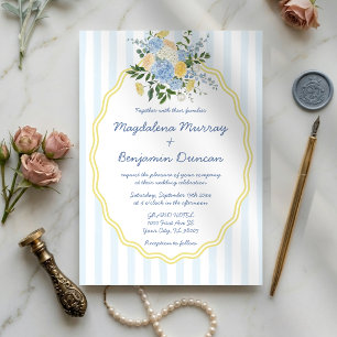 Blue Hydrangea Yellow Roses Floral Stripe Wedding Invitation