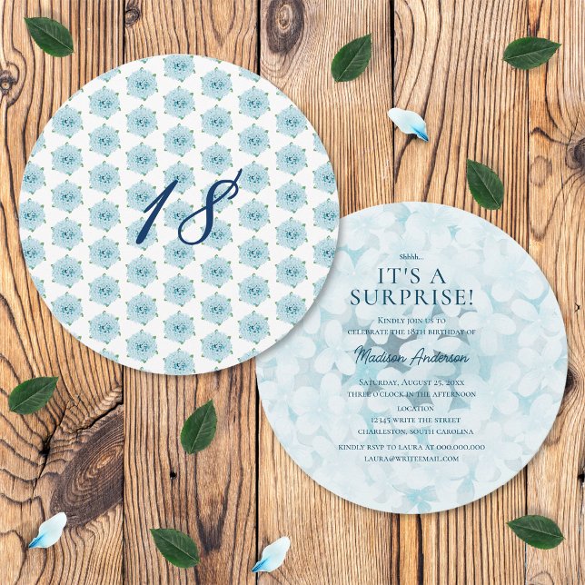 Blue Hydrangeas 18th Surprise Birthday Party Invitation (Front and Back)