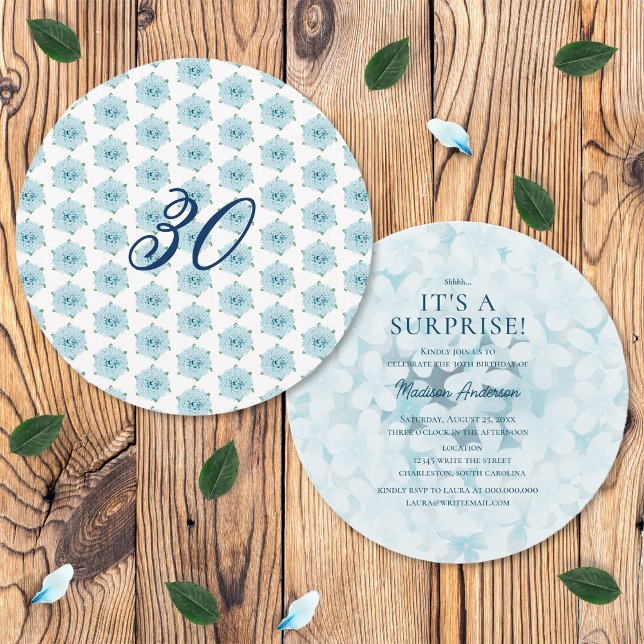 Blue Hydrangeas 30th Surprise Birthday Party Invitation (Front and Back)