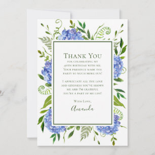 Blue Hydrangeas 40th Birthday  Thank You Card