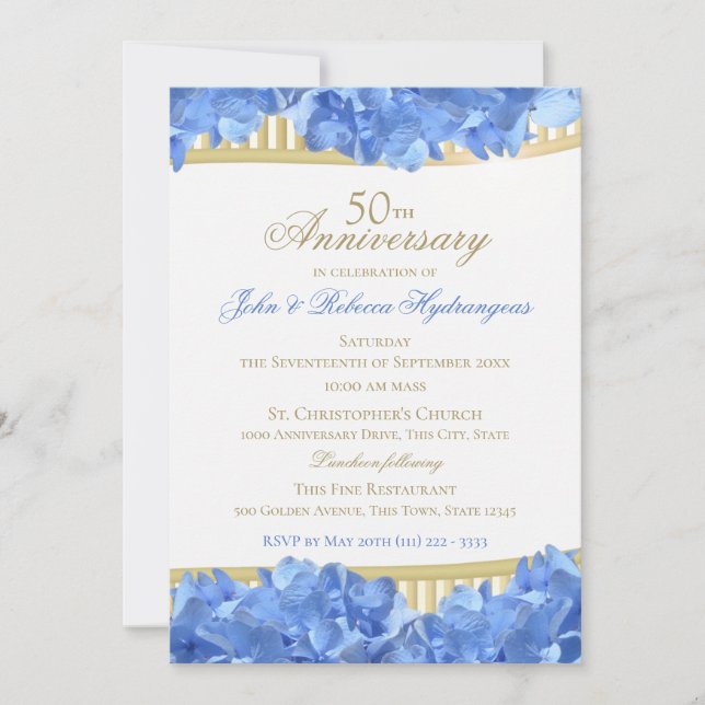 Blue Hydrangeas 50th Anniversary Invitation (Front)