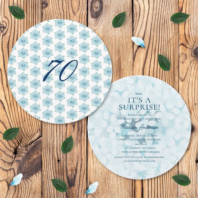 Blue Hydrangeas 70th Surprise Birthday Party Invitation (Front and Back)