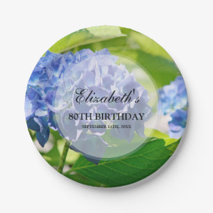 Blue Hydrangeas 80th Birthday Party Paper Plate
