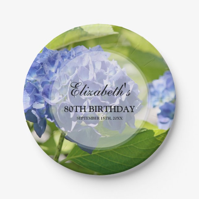 Blue Hydrangeas 80th Birthday Party Paper Plate (Front)