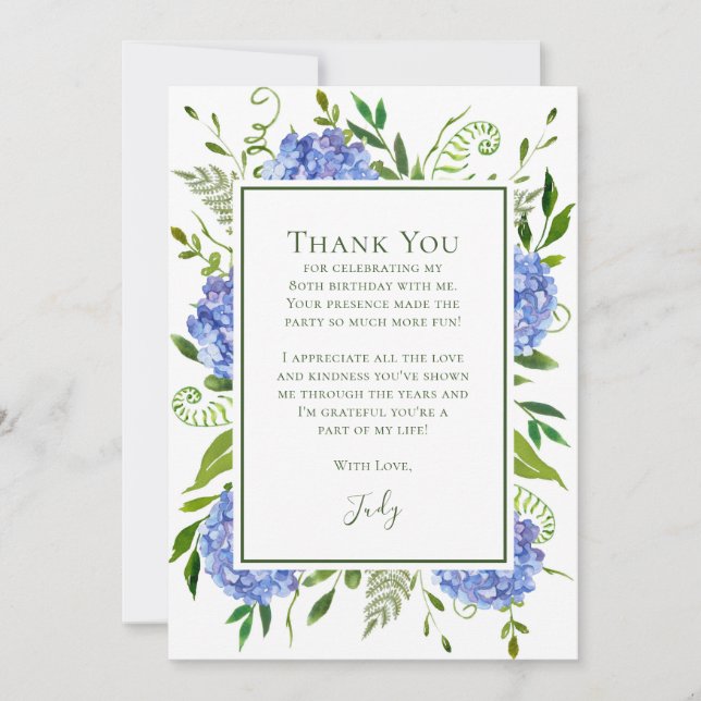 Blue Hydrangeas 80th Birthday  Thank You Card (Front)