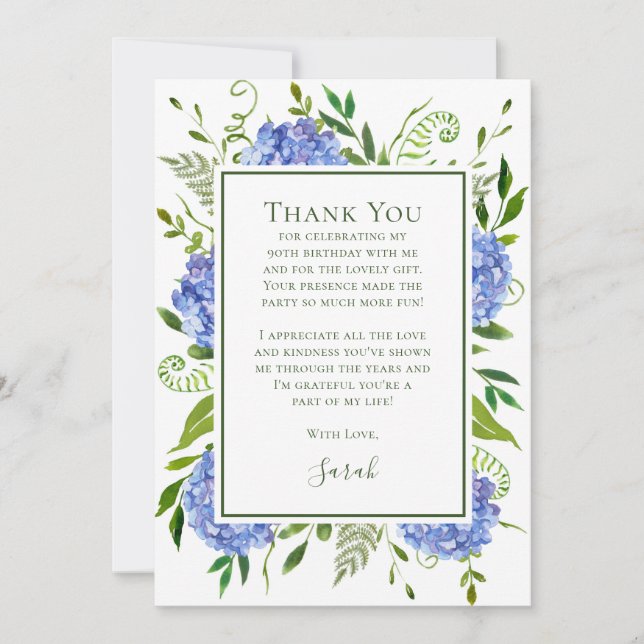 Blue Hydrangeas 90th Birthday  Thank You Card (Front)