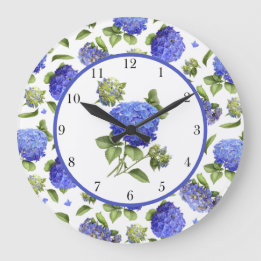 Blue Hydrangeas All Over Large Clock