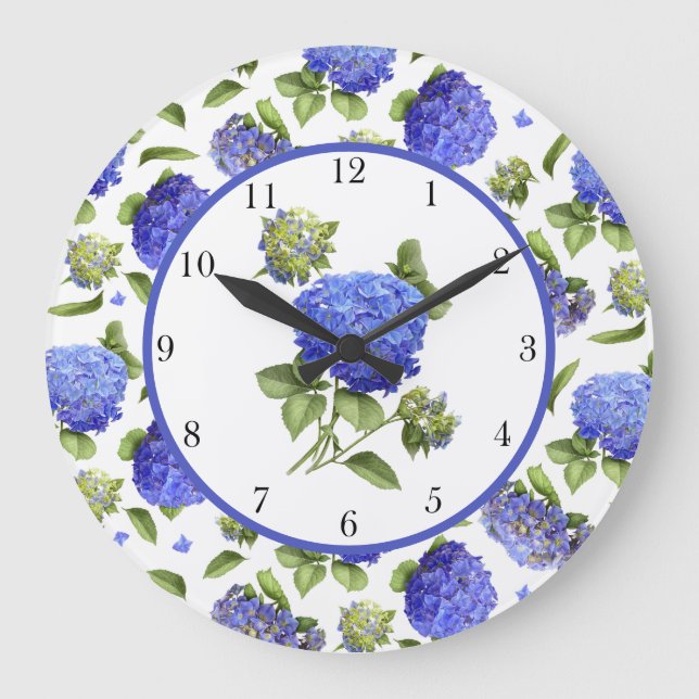 Blue Hydrangeas All Over Large Clock (Front)
