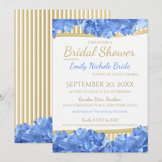 Blue Hydrangeas and Gold Stripes Bridal Shower Invitation (Front/Back)