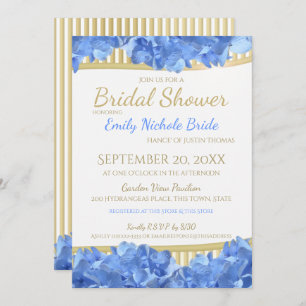 Blue Hydrangeas and Gold Stripes Bridal Shower Invitation