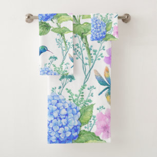 Blue Hydrangeas And Hummingbirds  Bath Towel Set
