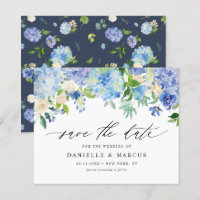 Blue Hydrangeas and Ivory Roses Save The Date