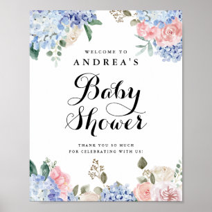 Blue Hydrangeas and Pink Roses Baby Shower Welcome Poster