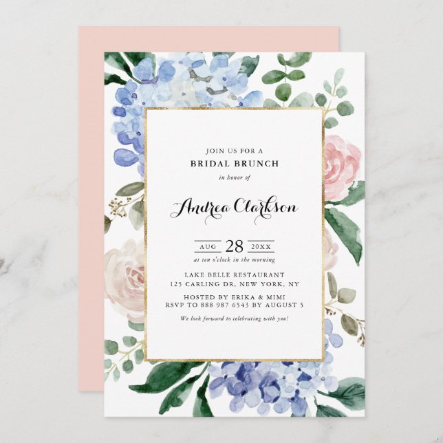 Blue Hydrangeas and Pink Roses Bridal Brunch Invitation (Front/Back)