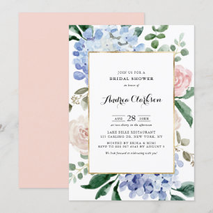 Blue Hydrangeas and Pink Roses Bridal Shower Invitation