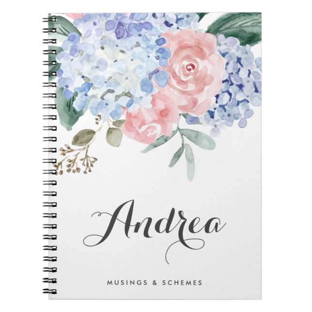 Blue Hydrangeas and Pink Roses Calligraphy Notebook (Front)