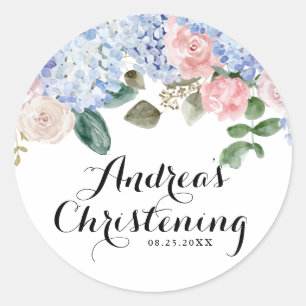 Blue Hydrangeas and Pink Roses Christening Classic Round Sticker
