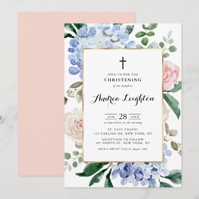 Blue Hydrangeas and Pink Roses Christening Invitation (Front/Back)