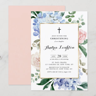 Blue Hydrangeas and Pink Roses Christening Invitation