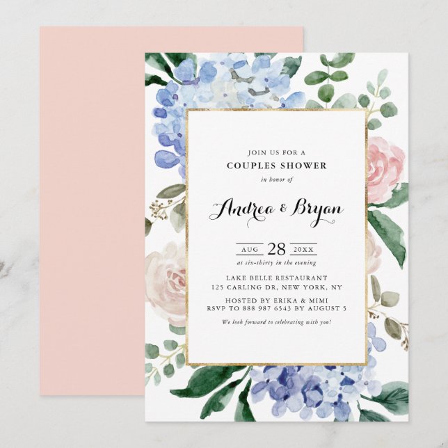 Blue Hydrangeas and Pink Roses Couples Shower Invitation (Front/Back)
