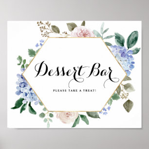 Blue Hydrangeas and Pink Roses Gold Dessert Bar Poster