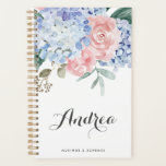 Blue Hydrangeas and Pink Roses Script Planner<br><div class="desc">Elegant and feminine planner featuring watercolor floral bouquet of blue hydrangeas and blush pink roses with greenery accents. This floral planner will be perfect as a personalised gift. Personalise by adding names and other details.</div>