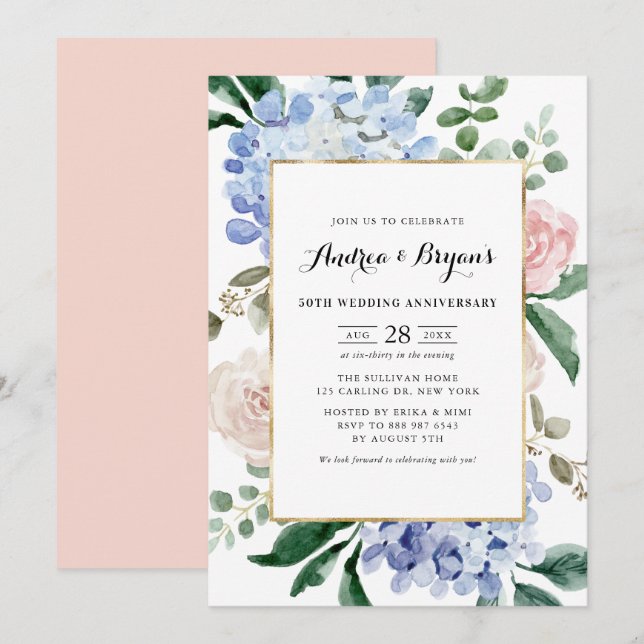 Blue Hydrangeas and Pink Roses Wedding Anniversary Invitation (Front/Back)
