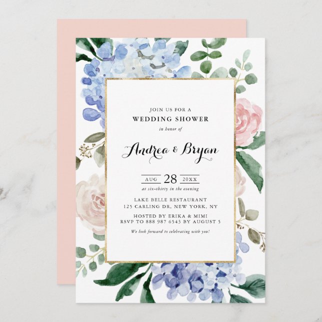 Blue Hydrangeas and Pink Roses Wedding Shower Invitation (Front/Back)