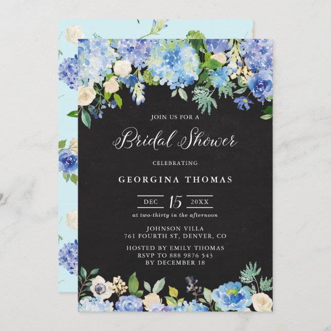 Blue Hydrangeas and Roses Chalkboard Bridal Shower Invitation (Front/Back)