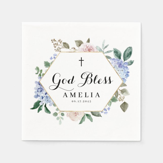 Blue Hydrangeas and Roses God Bless Floral Frame Napkin (Front)